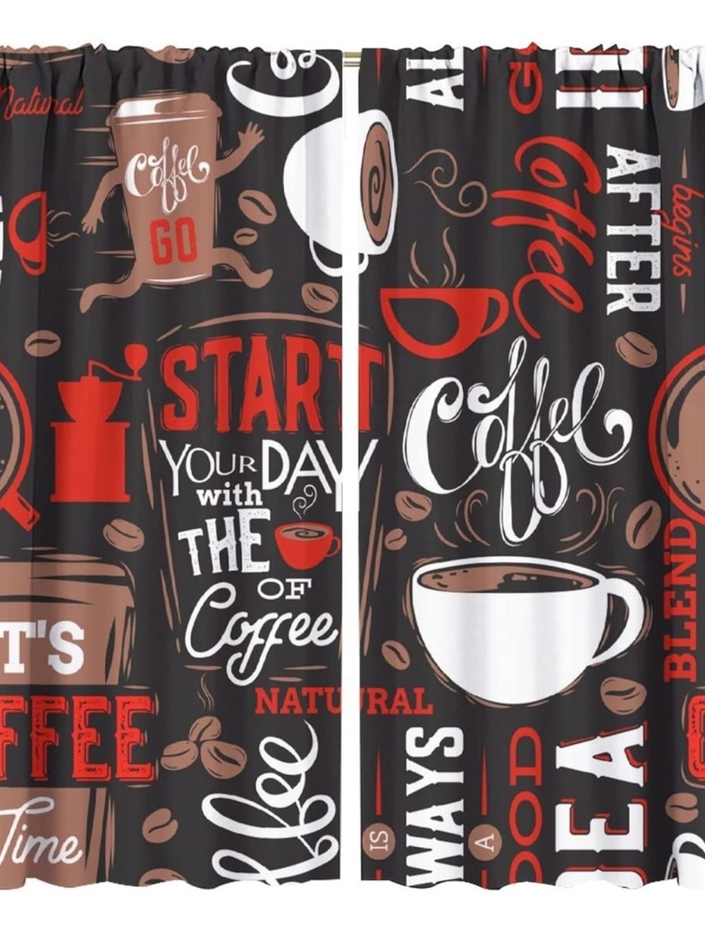 Coffee-Themed Black & Red Curtain Panel Set